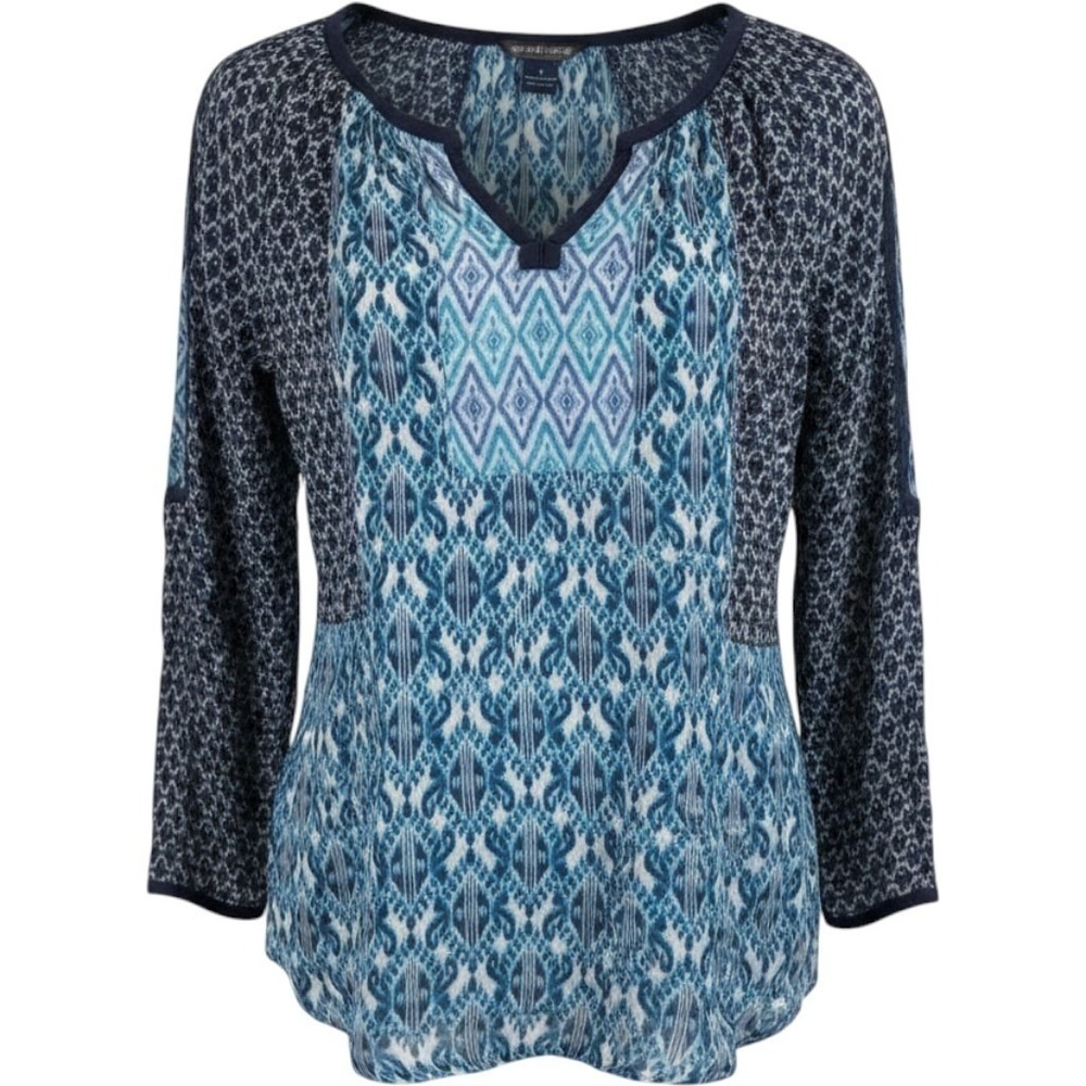 Lucky Brand Womens Small Blue Ikat Mixed Boho Cotton Peasant Top Blouse Small